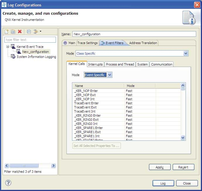 Log Configuration filter dialog