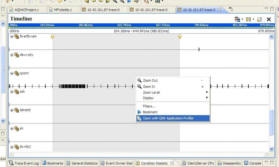 Timeline view menu: Open QNX with Application Profiler